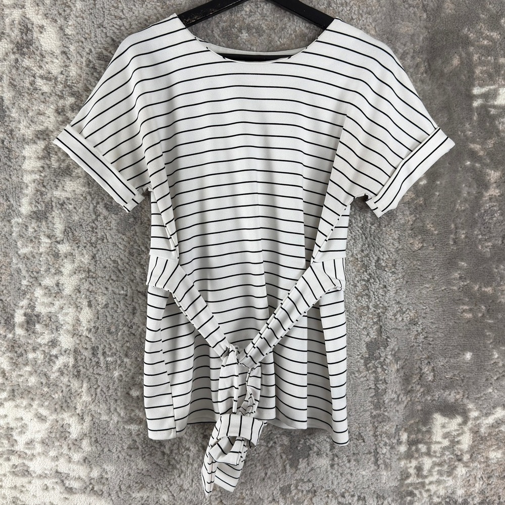 Worthington Sz S Striped Tie Front Short Sleeve Blouse White Short Sleeve Women‎